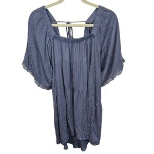 Wild Moss‎ Blue Tiered Dress Medium Square Neck Tie Back Lace Trim Mini